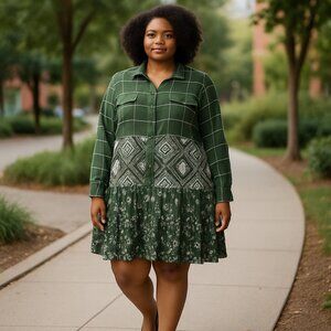 Truself Womans Dress Tunic 2X Boho‎ Mixed Print Button-Down Green Multi-Pattern